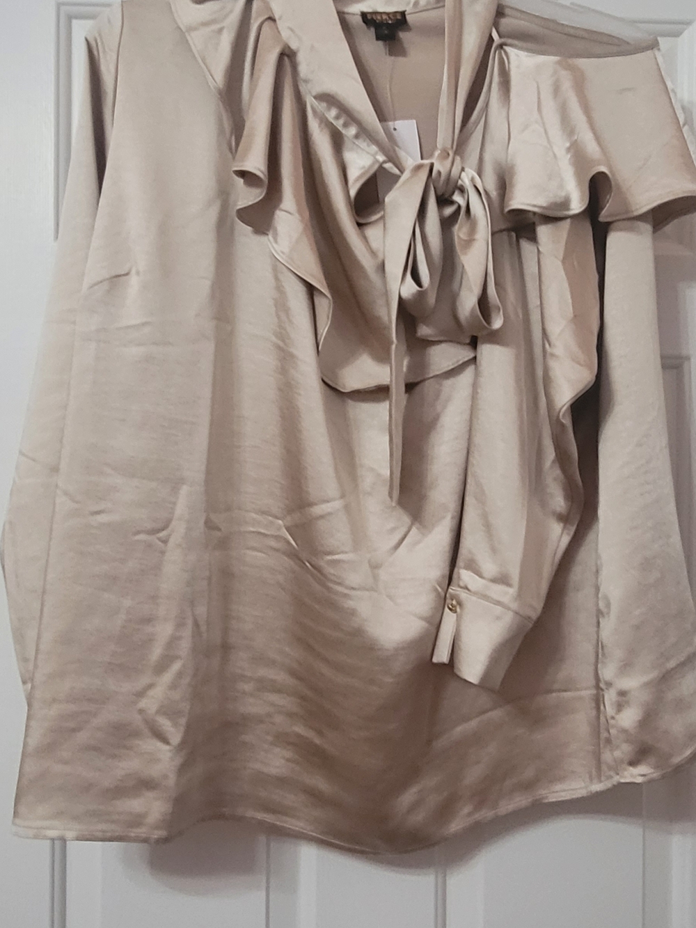 Mally Beauty Satin Ruffle Tie-Neck Blouse in Beige